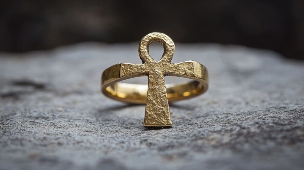 Gold Ankh ring symbolizing eternal life and spiritual protection, inspired by ancient Egyptian design.