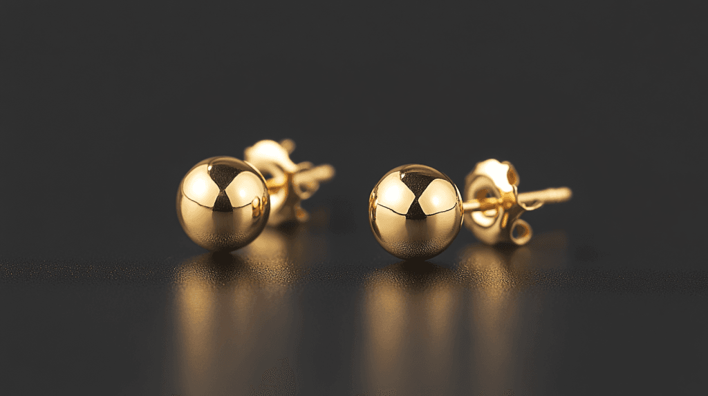 Pair of polished gold ball stud earrings crafted in 12K gold, reflecting their elegant and durable design.
