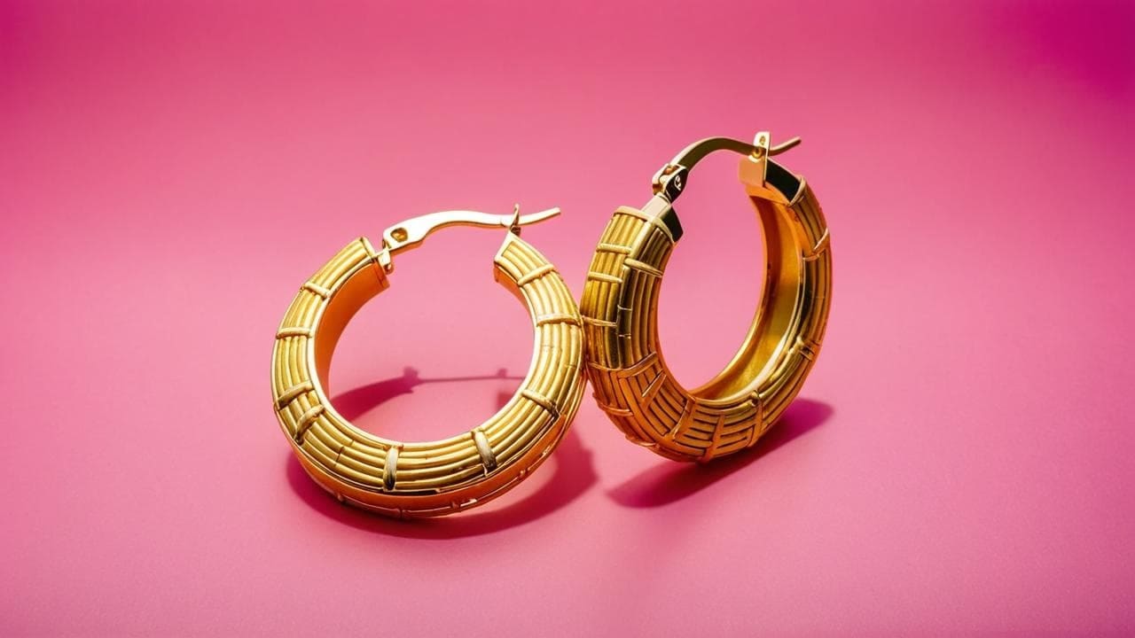 Chunky gold bamboo-textured hoop earrings on a hot pink background