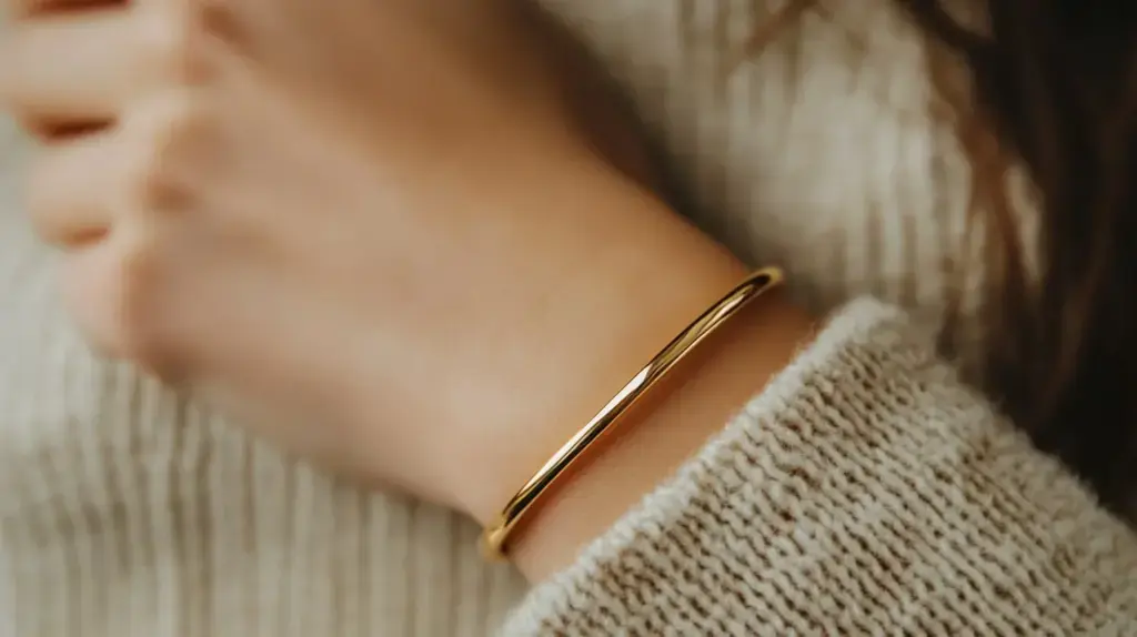Close-up of a simple gold bangle bracelet on the wrist, showing the classic snug fit and minimalist design ideal for everyday wear.