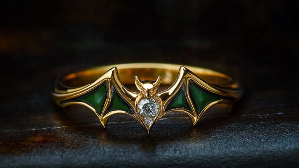 Ornate gold bat ring featuring green enamel wings and a central diamond, blending luxurious craftsmanship with symbolic transformation and prosperity.