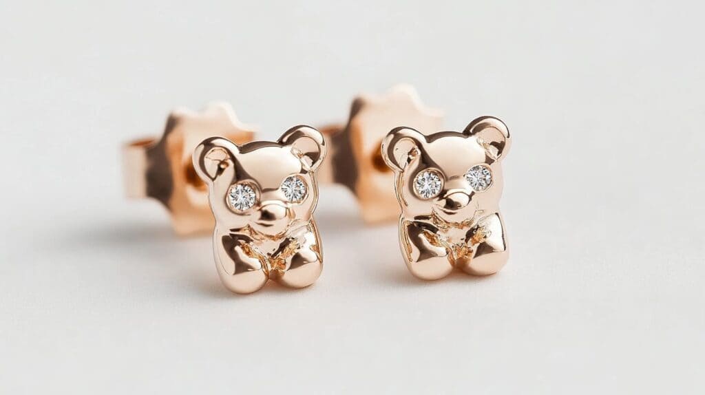 Adorable gold bear cub stud earrings with sparkling diamond eyes, designed as a playful and elegant accessory for everyday wear.
