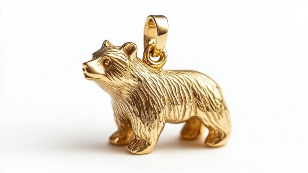 Polished gold bear pendant charm with detailed fur texture, symbolizing strength and a connection to nature, perfect for adding a bold touch to any necklace.