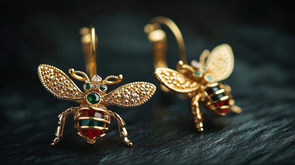 Elegant gold bee earrings featuring intricate detailing, sparkling gemstones on the wings, and colorful enameled bodies, symbolizing luxury and nature-inspired design.