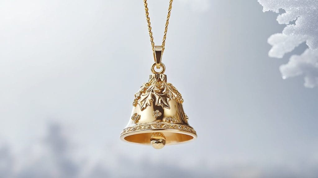 A close-up of a gold bell pendant necklace adorned with holly leaf details and sparkling accents, set against a snowy winter background.