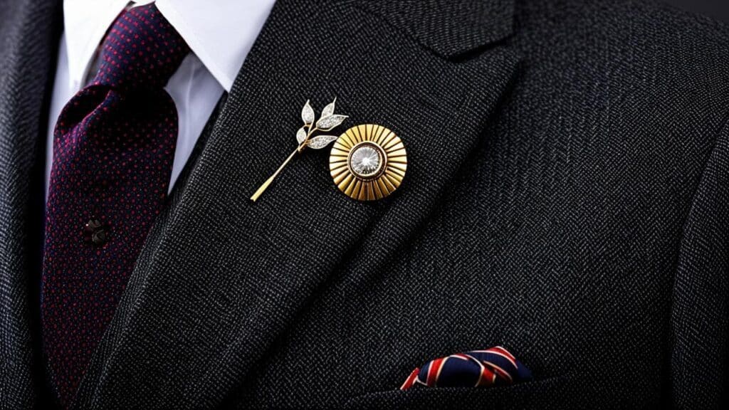 A gold and diamond brooch pinned to the lapel of a dark suit, paired with a patterned tie and pocket square, showcasing a refined and sophisticated men's fashion look.