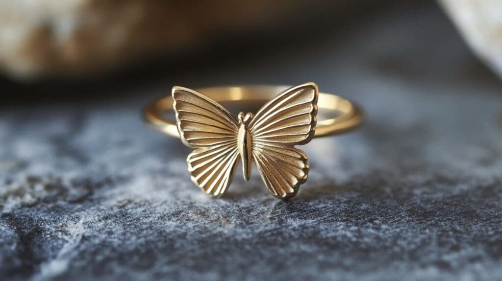 Close-up of a gold butterfly ring with intricate wing details, symbolizing grace and transformation.