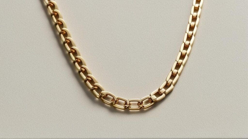 Gold cable chain necklace displaying uniform oval-shaped links in classic pattern