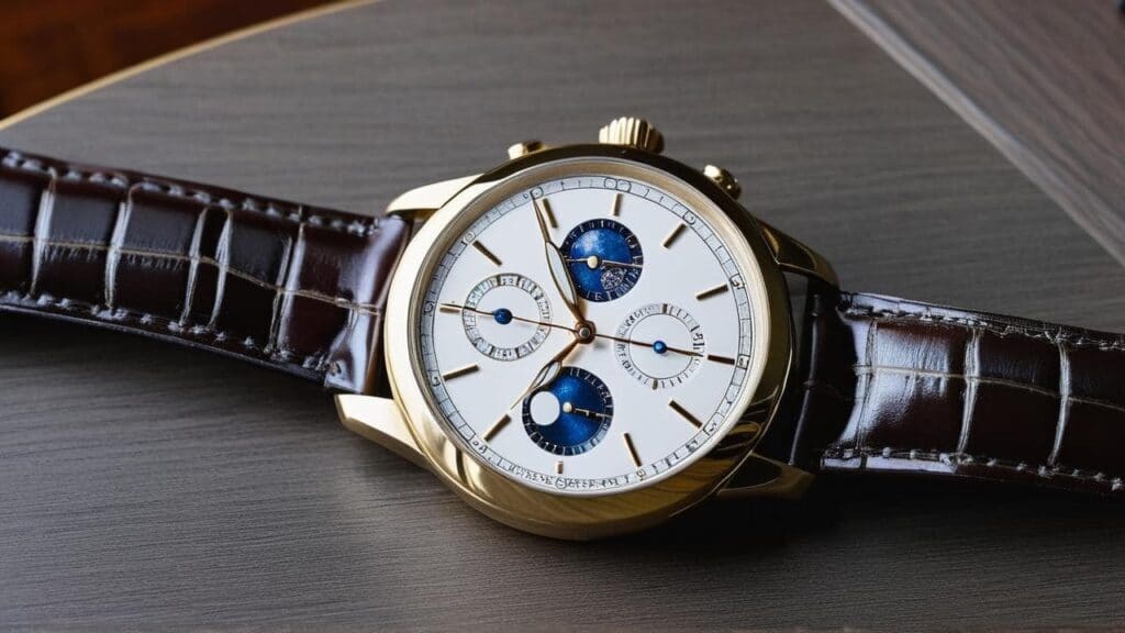 Gold-cased moonphase chronograph watch with white dial, brown alligator leather strap, featuring dual moon phase displays and calendar complications