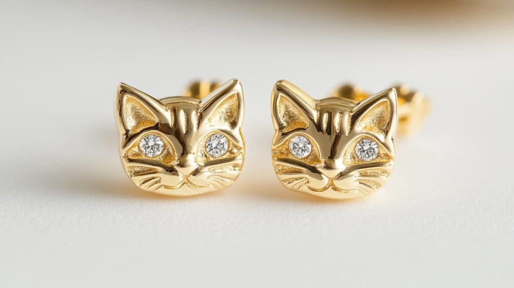 Gold cat face stud earrings adorned with sparkling diamond eyes, showcasing feline elegance and charm.
