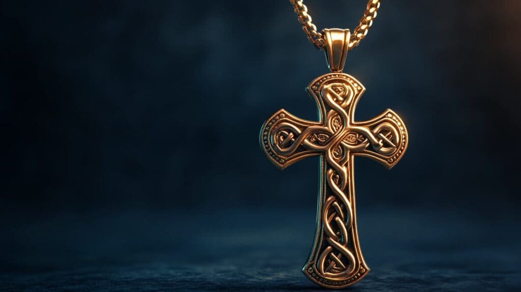 Gold Celtic cross necklace with intricate knotwork design, symbolizing eternity and cultural heritage in cross jewelry.