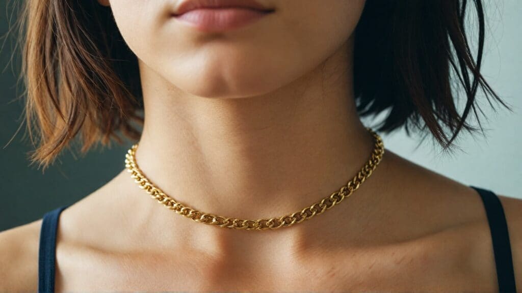 Close-up of a woman's neck wearing a gold chain choker necklace, paired with a dark-colored top.