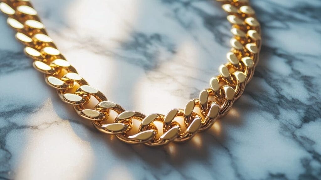 Close-up of a shiny gold chain placed on a marble surface, showing polished gold with no tarnish.
