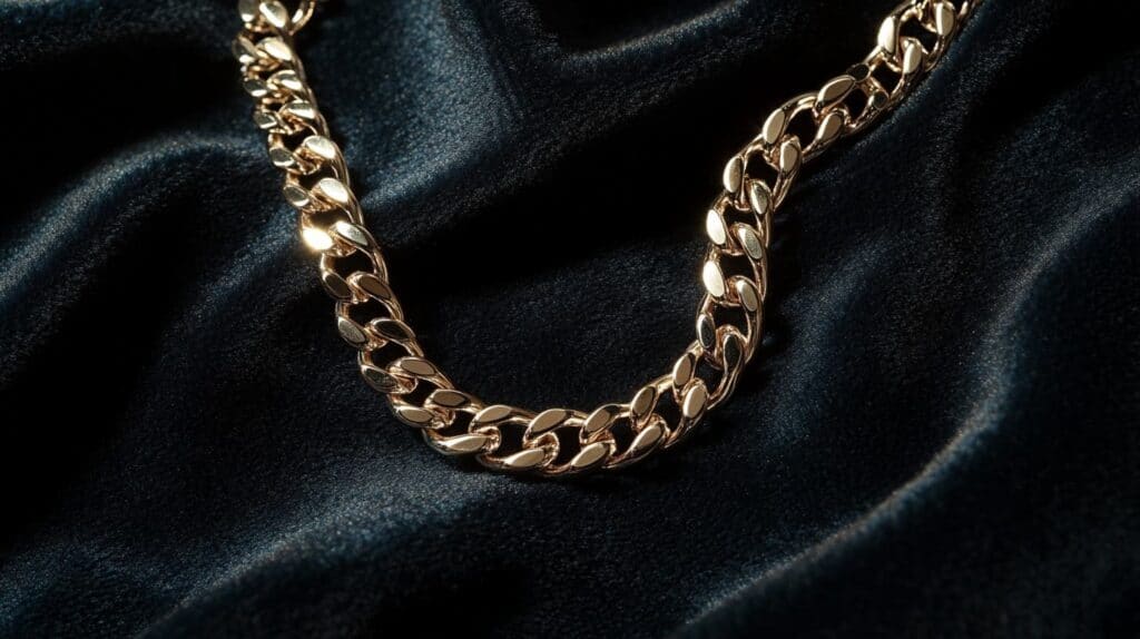 A gold chain displayed on a luxurious black velvet background, highlighting the smooth finish and classic elegance of authentic gold jewelry.