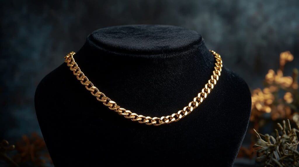 Polished gold chain necklace displayed on a black velvet stand, highlighting its bold and luxurious design.