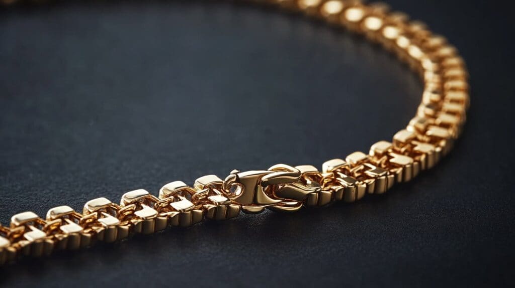 Gold chain necklace with box link design and a close-up of the secure lobster clasp for durability.