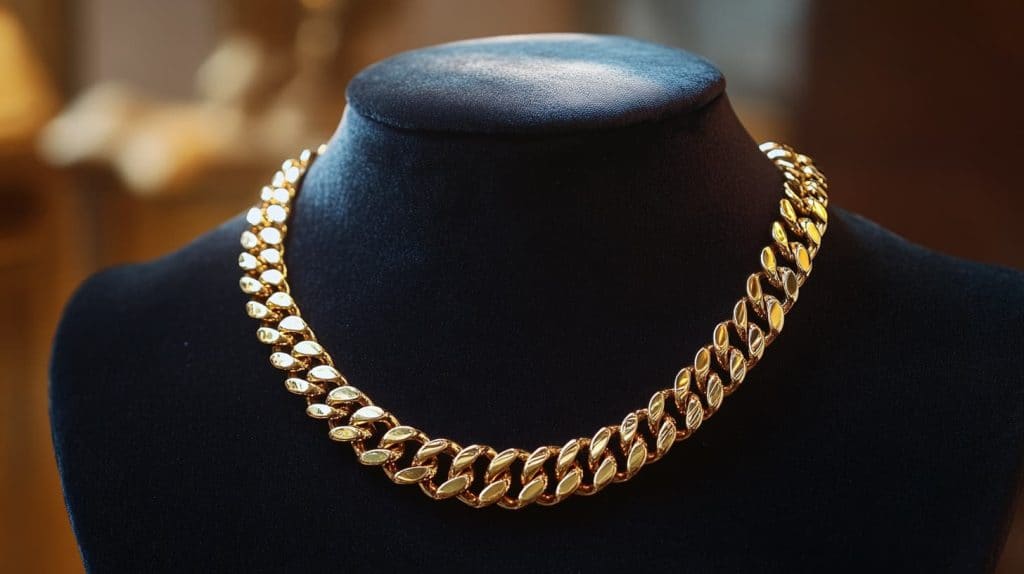 Gold chain necklace displayed on a black velvet stand, highlighting its classic design and high purity for investment value.