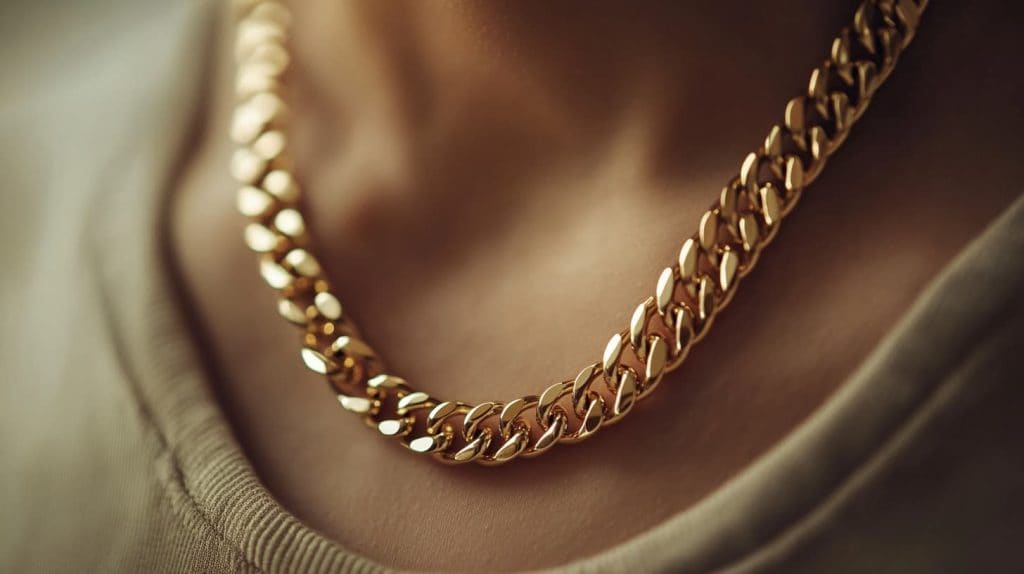 A close-up view of a gold chain necklace resting on a person's collarbone, showcasing its polished and reflective surface.