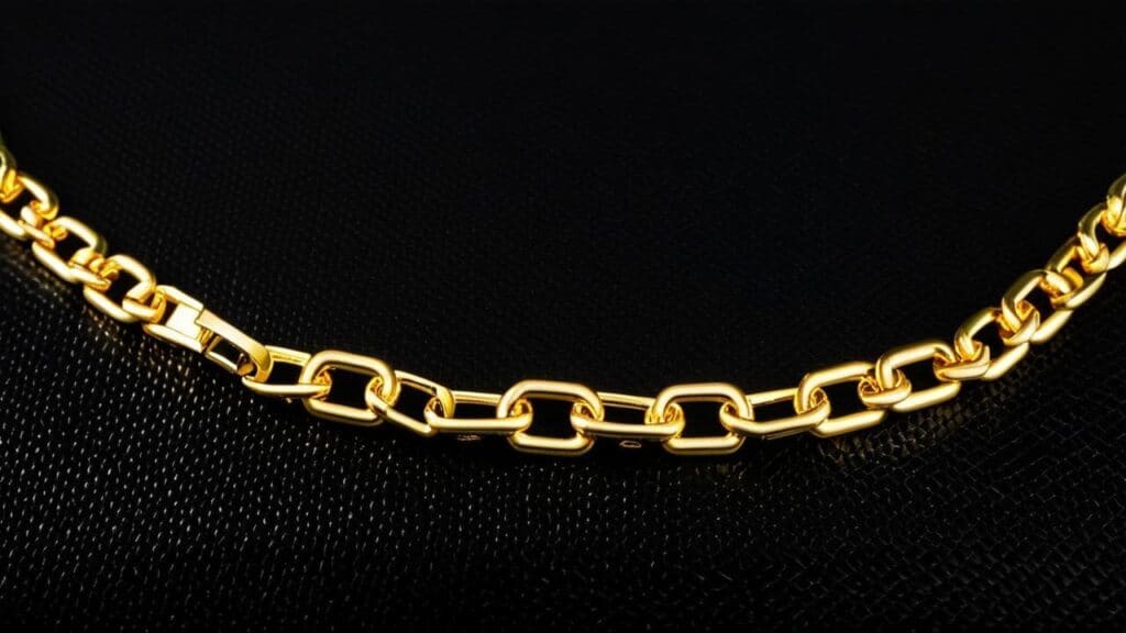 A detailed view of a gold chain necklace. Hallmark verification is essential to confirm true gold purity.