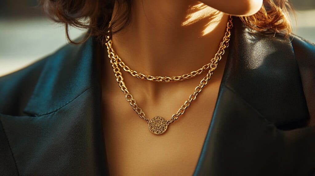 Close-up of a woman wearing a stylish layered gold necklace, highlighting hypoallergenic jewelry for sensitive skin.
