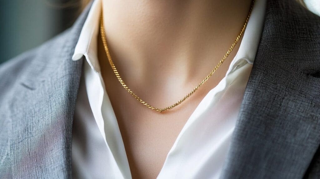 Close-up of a gold chain necklace worn with a suit jacket and white shirt, ideal for business attire.