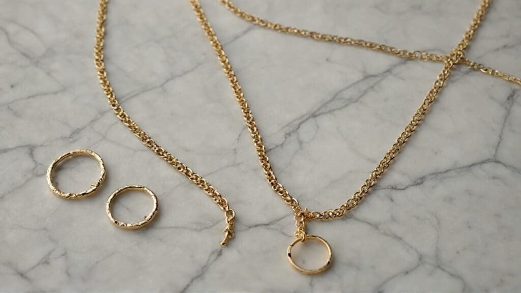 Elegant gold chain necklaces with circular pendants arranged on white marble surface, showcasing minimal business formal jewelry options