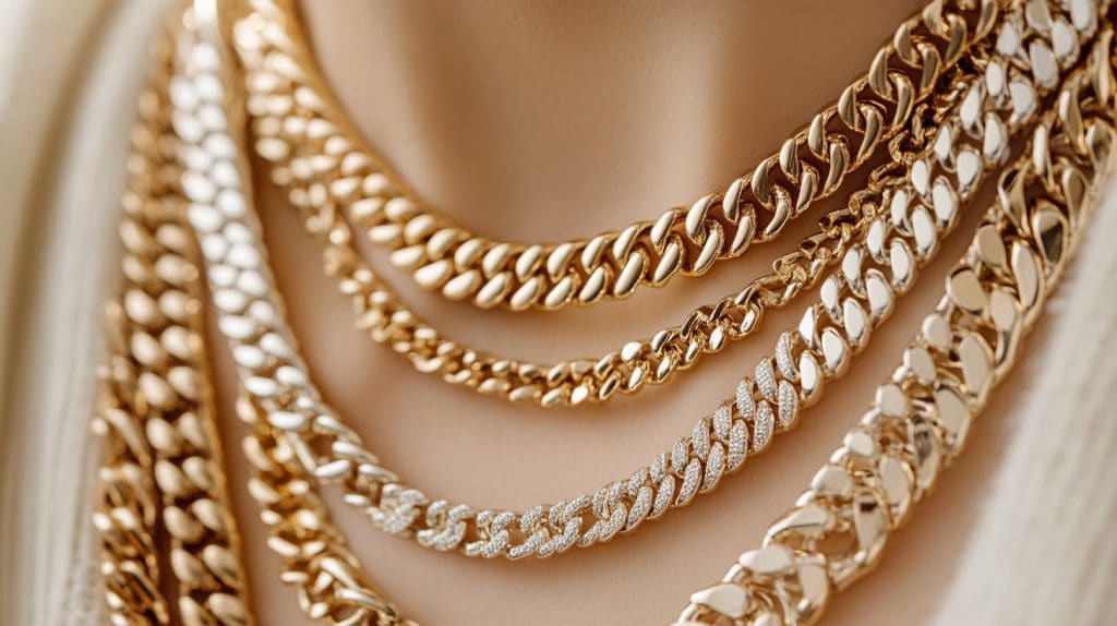 Close-up of layered gold chain necklaces in various styles, showcasing bold statement jewelry with intricate details.
