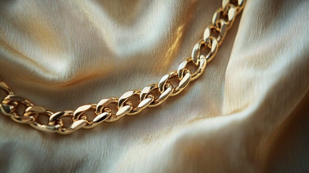 Gold chain with a classic link design draped over shimmering gold-colored silk fabric, emphasizing its sophistication and elegance.