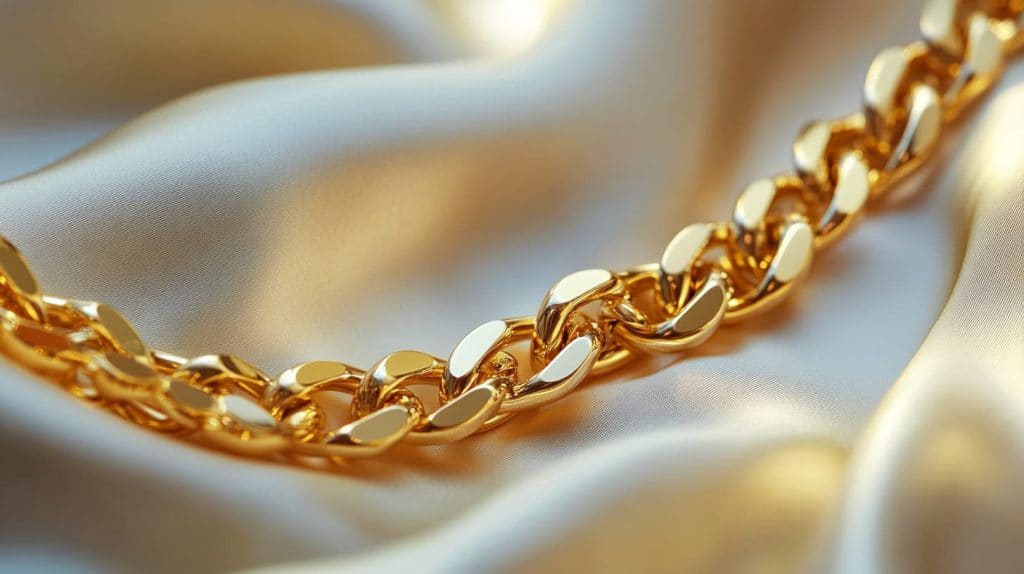 Close-up of a polished gold chain on a silky fabric, showcasing its brilliant shine after cleaning.