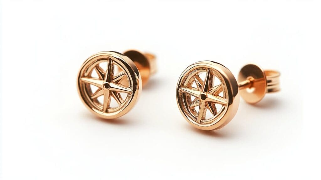 A pair of gold compass stud earrings with intricate detailing, symbolizing direction and guidance in life.