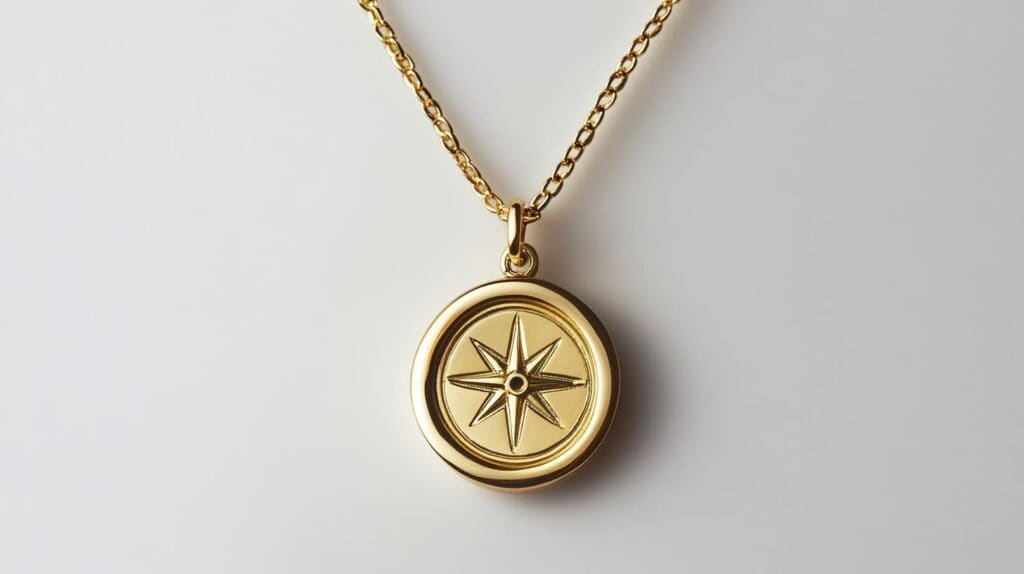 A gold compass medallion necklace with an engraved compass rose, symbolizing guidance, adventure, and self-discovery.