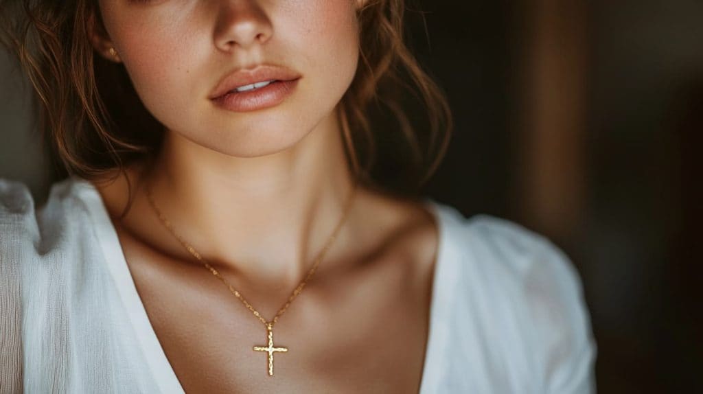 A gold cross pendant on a delicate gold chain, worn by a woman with a white blouse, highlighting its minimalistic and elegant design.