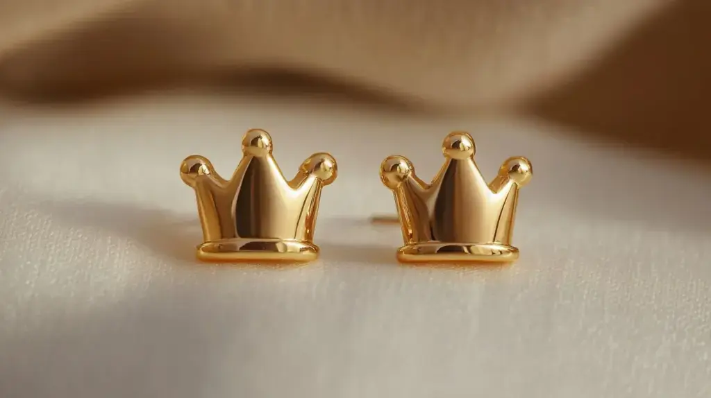 Close-up of gold crown earrings with a minimalist design, symbolizing regal style and sophistication.