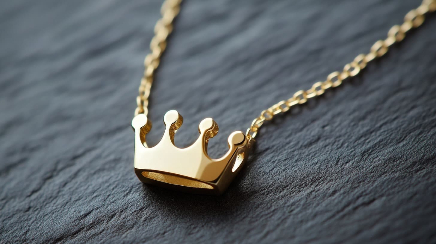 Small gold crown pendant on a fine chain resting on dark slate