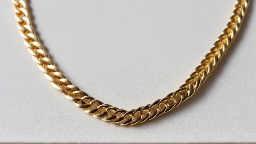 Close-up view of a gold Cuban chain necklace showing interlocked oval links with polished finish