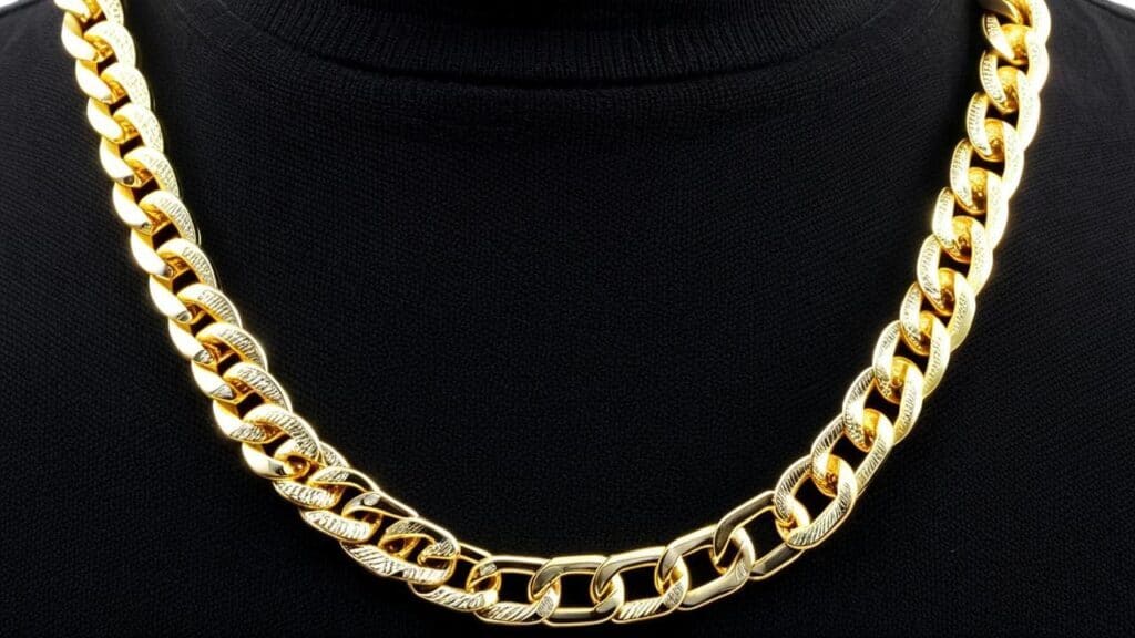 Gold Cuban link chain worn over a black turtleneck highlighting contrast and luxury appeal