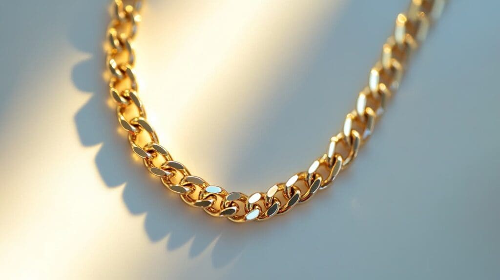 Close-up of a gold Cuban link chain necklace reflecting warm light on a white surface.