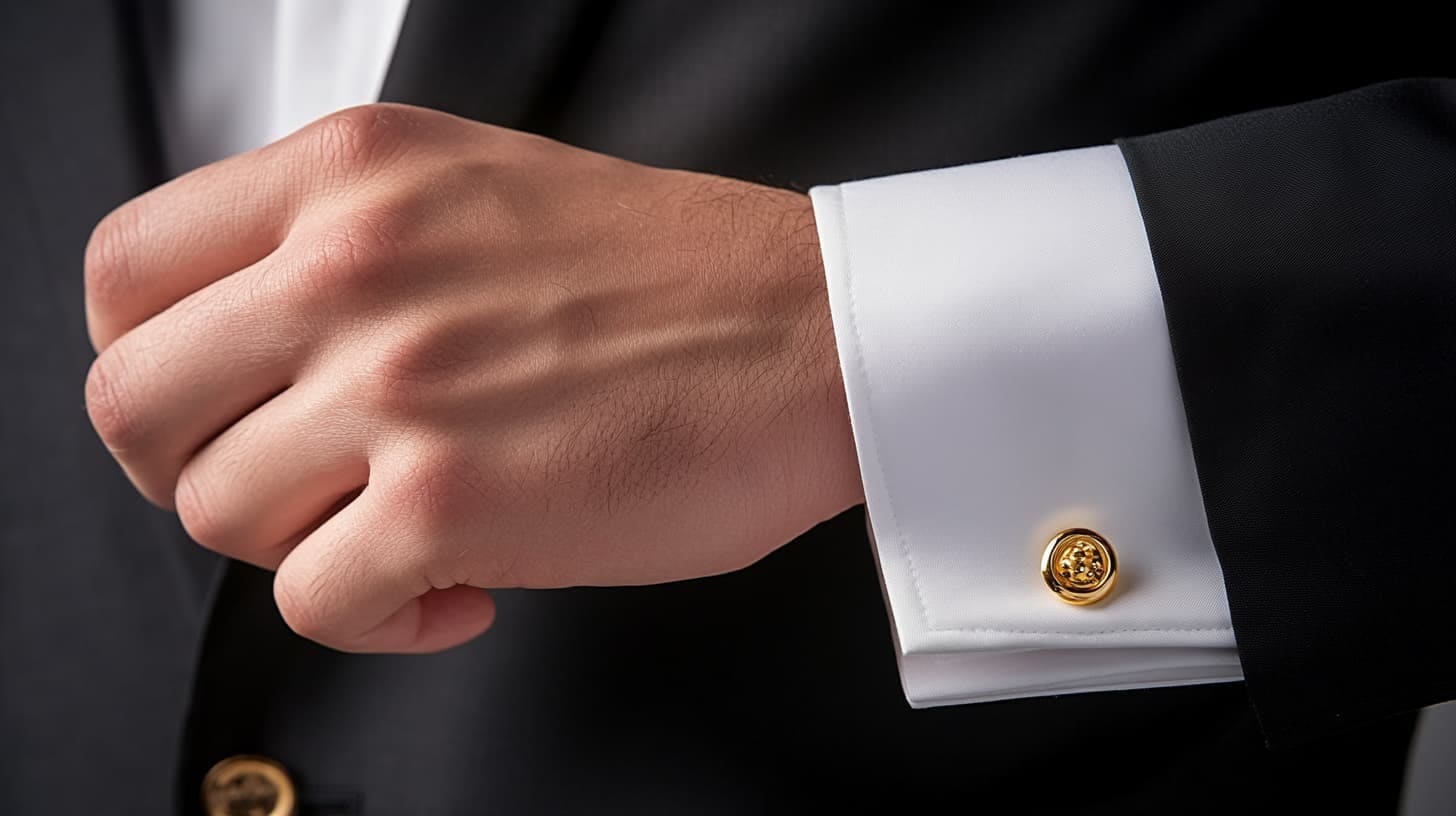 Gold knot cufflink fastened on the white French cuff of a black suit