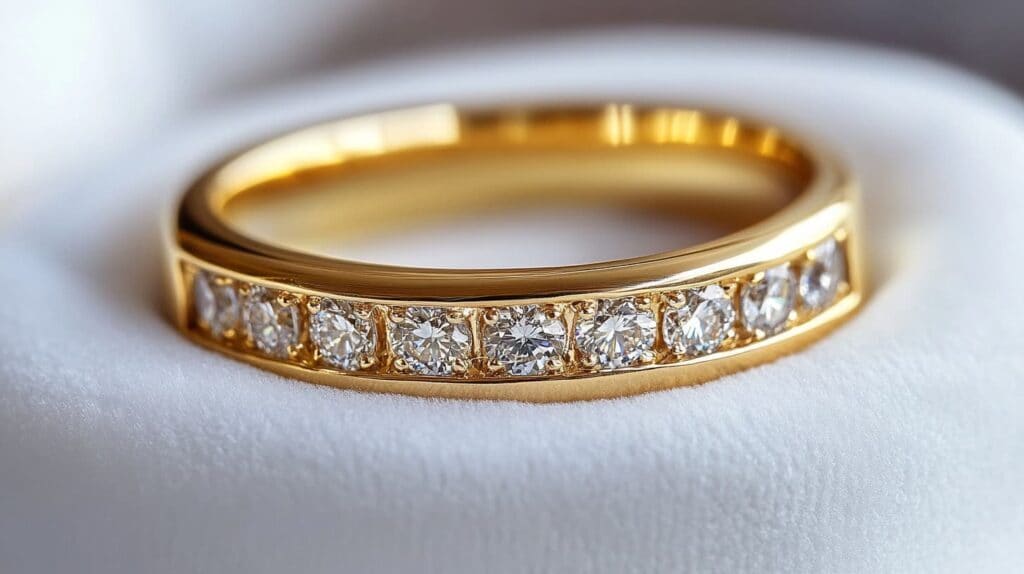 Gold ring with round diamonds in a channel setting, displayed on a soft white background for a luxurious and timeless look.
