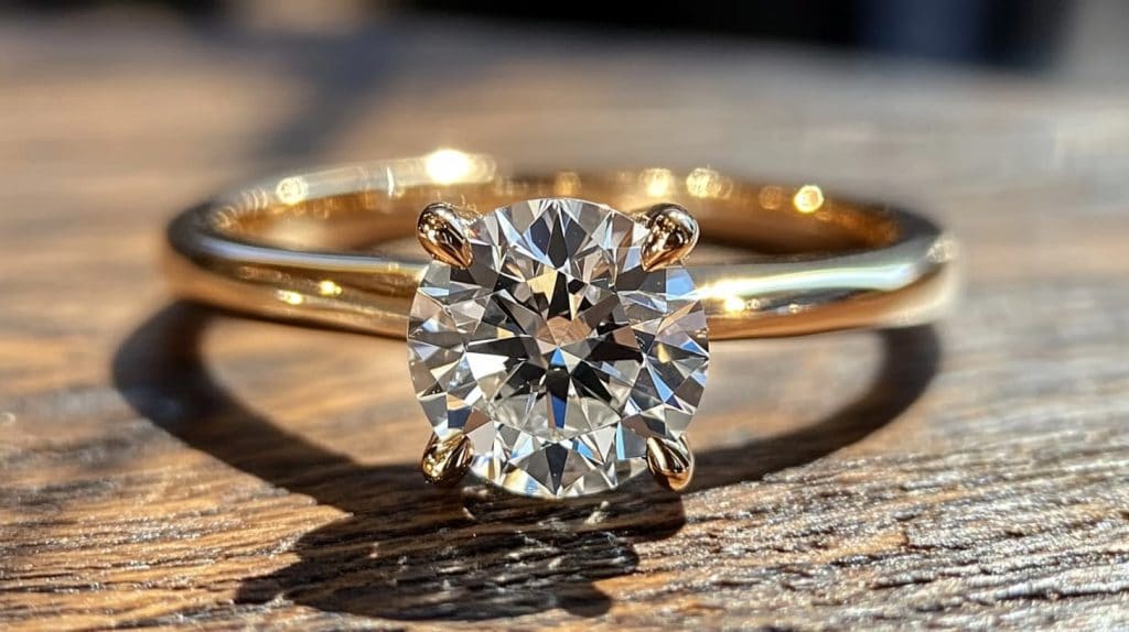 Close-up of a gold engagement ring featuring a brilliant-cut diamond, representing high-quality materials for jewelry investment.