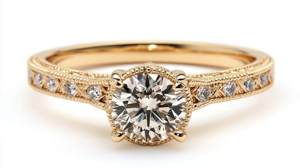 Gold engagement ring featuring a round brilliant-cut diamond and milgrain detailing along the band, highlighting elegant vintage charm.