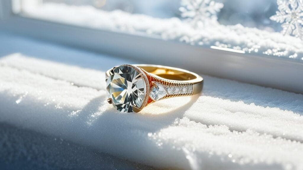 A gold engagement ring with a large diamond resting on snow near a frosted window, illustrating how cold weather affects jewelry.