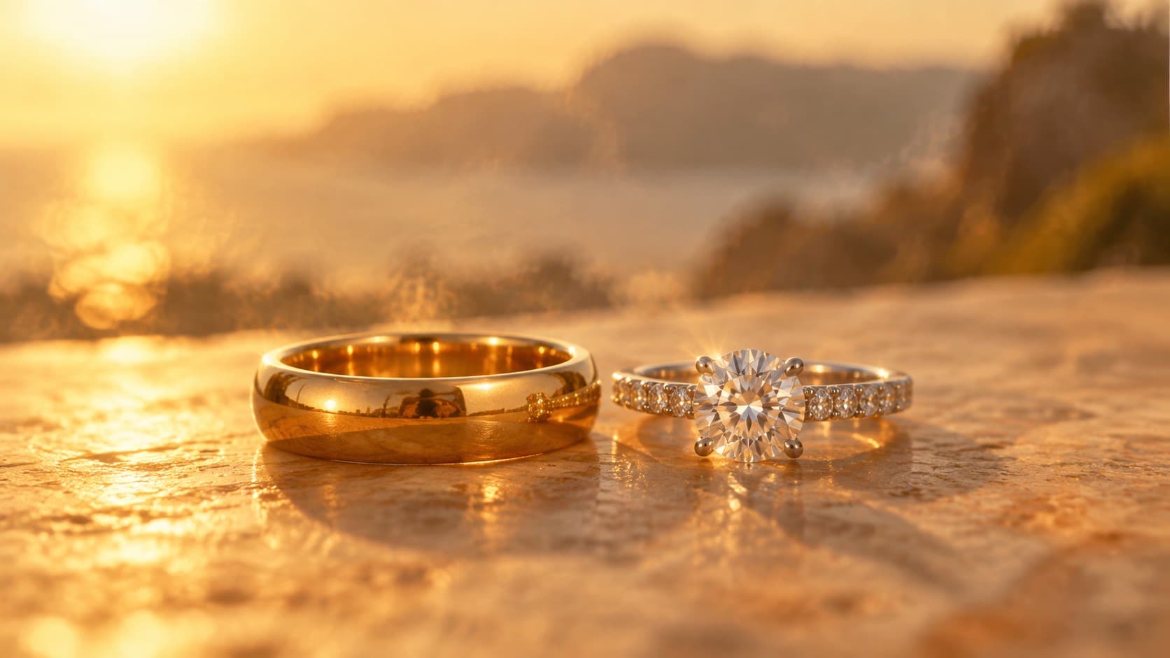 Gold wedding band and diamond engagement ring resting on warm stone in direct sunlight