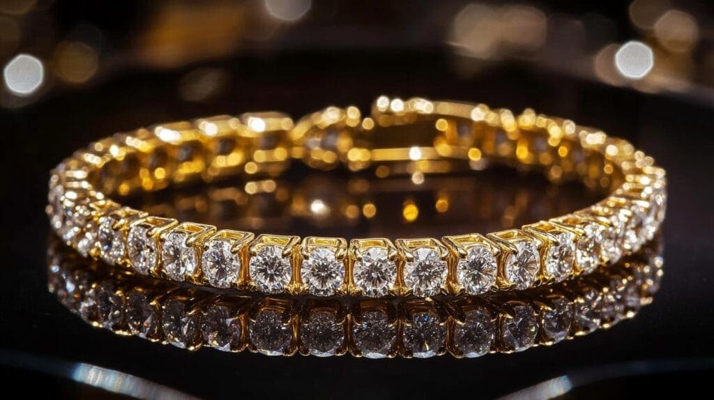Close-up of a gold tennis bracelet with round-cut diamonds, showcasing fine jewelry craftsmanship and luxurious elegance.