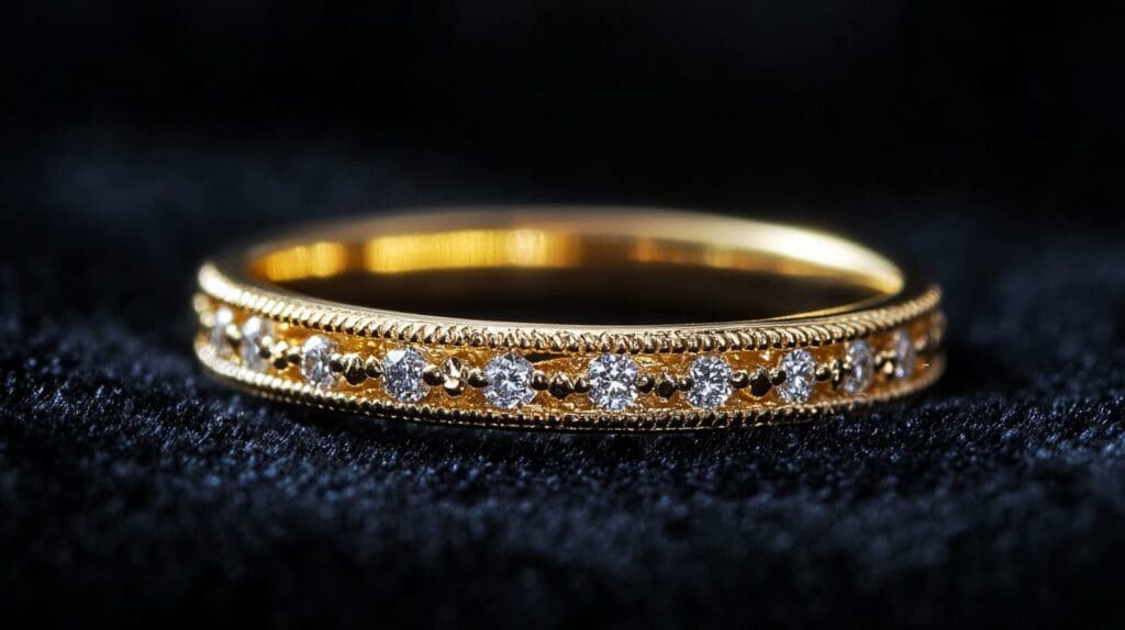 A gold wedding ring featuring diamond accents, representing purity, strength, and everlasting love.