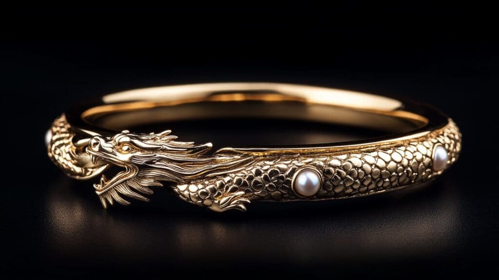 Exquisite gold dragon bracelet adorned with shimmering pearls and intricate scales, representing imperial power and elegance.