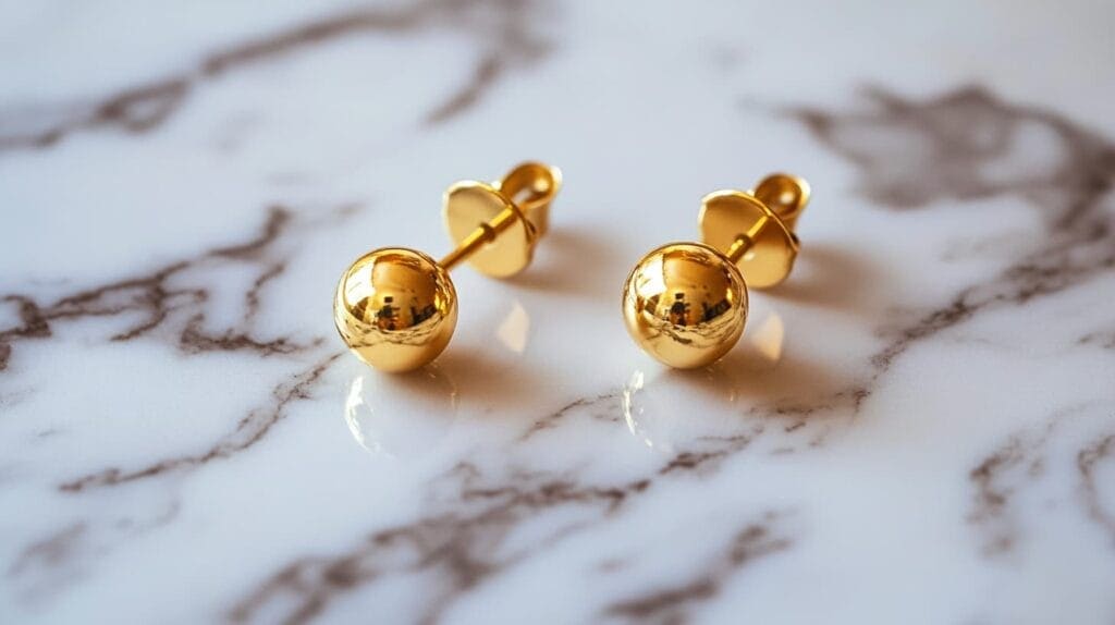 Pair of gold earrings on a marble surface, showcasing a metal that does not cause green skin stains.