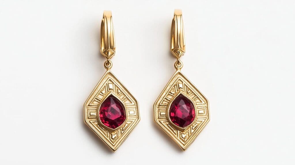 Art Deco-inspired gold earrings featuring red ruby gemstones, emphasizing the historical and artistic significance of corundum in design.