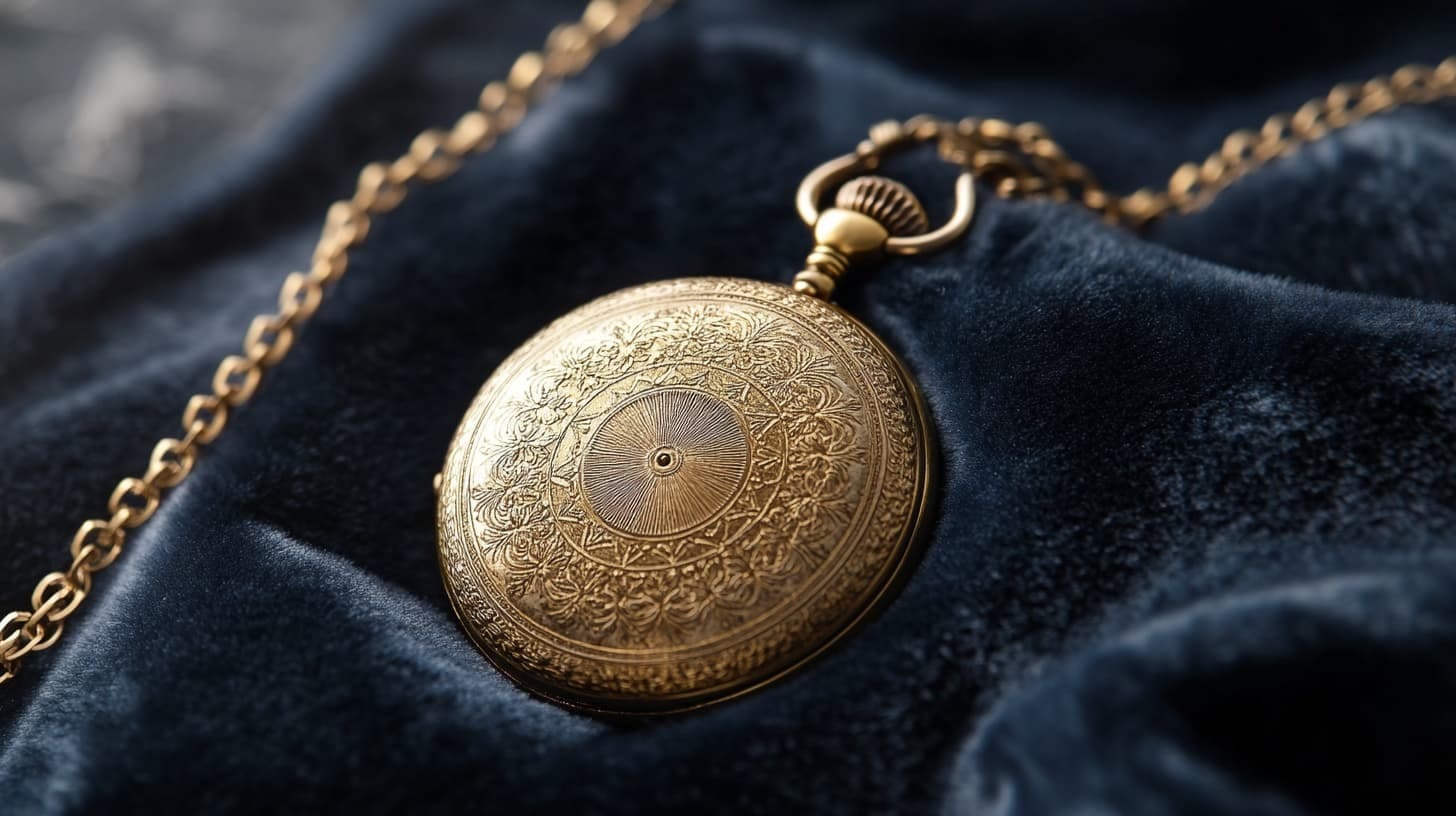 Gold pocket watch with an engraved floral case lying on navy velvet