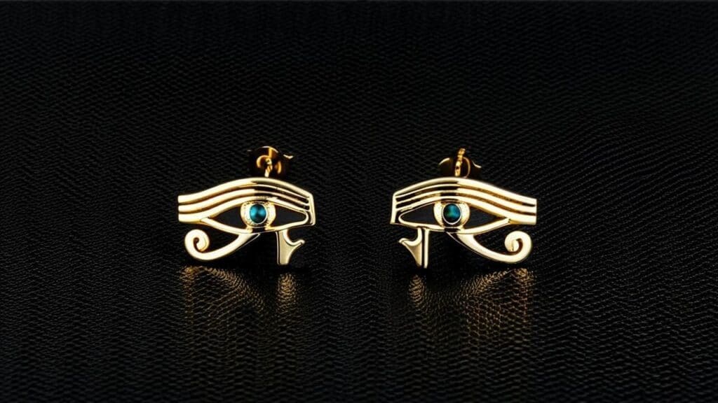 Matching gold Eye of Horus stud earrings with blue inlay, representing protective symbolism in Egyptian culture
